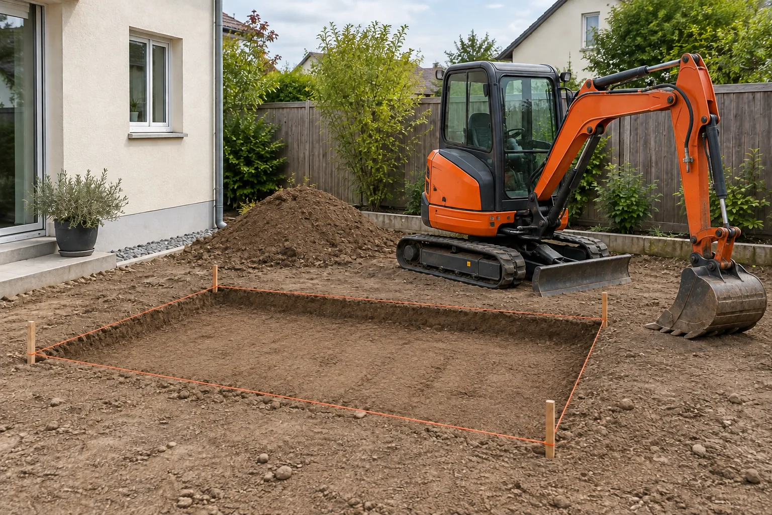 Dieselbe Fläche nach flachem Aushub mit Minibagger und seitlichem Erdhaufen