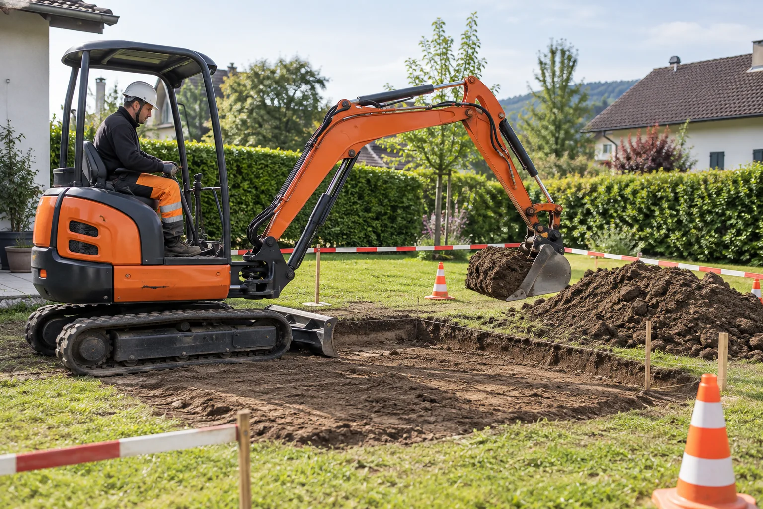 Minibagger bei einem flachen, abgesperrten Aushub im Hausgarten