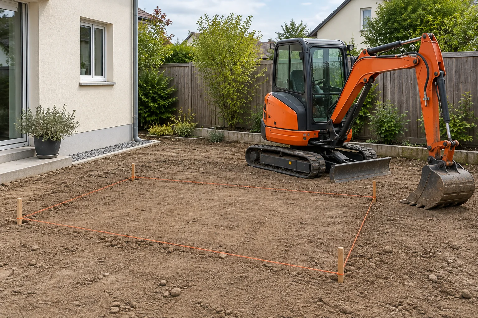 Mit Schnur markierte ebene Aushubfläche neben einem geparkten Minibagger