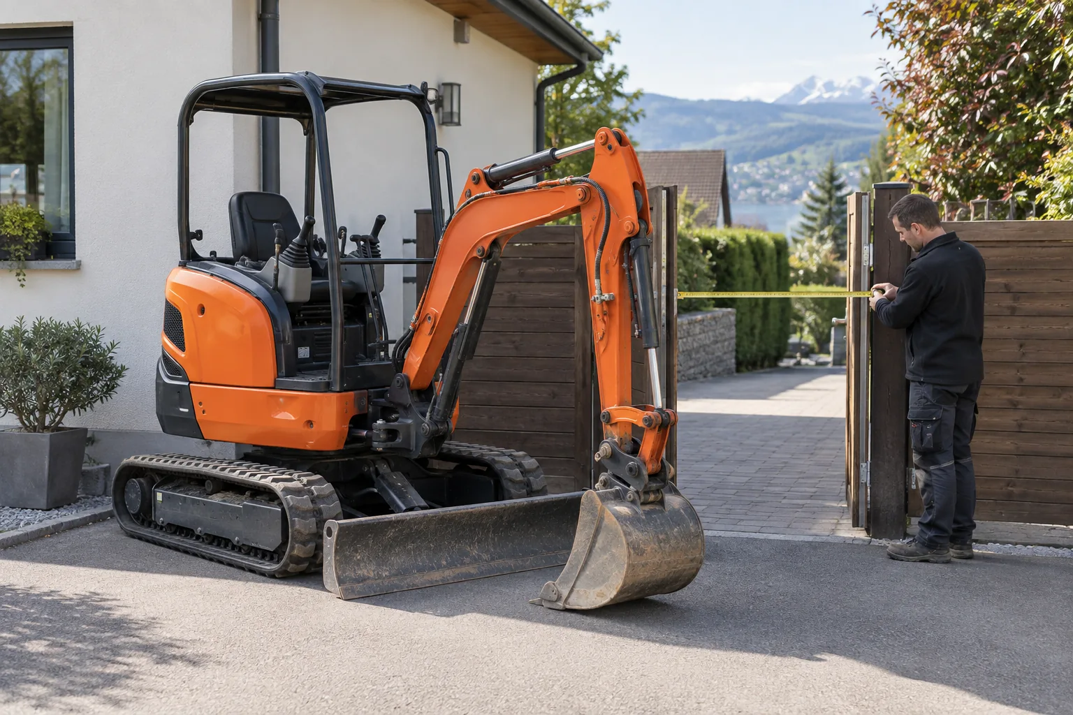 Prüfung der Durchfahrtsbreite an einem Gartentor vor dem Minibaggereinsatz